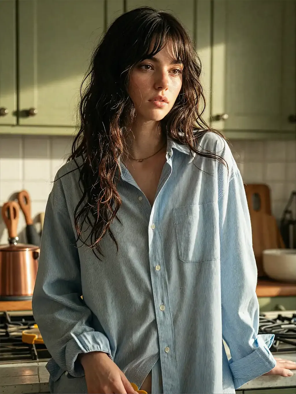 Fictional AI character featured on the fourth landing page, at night